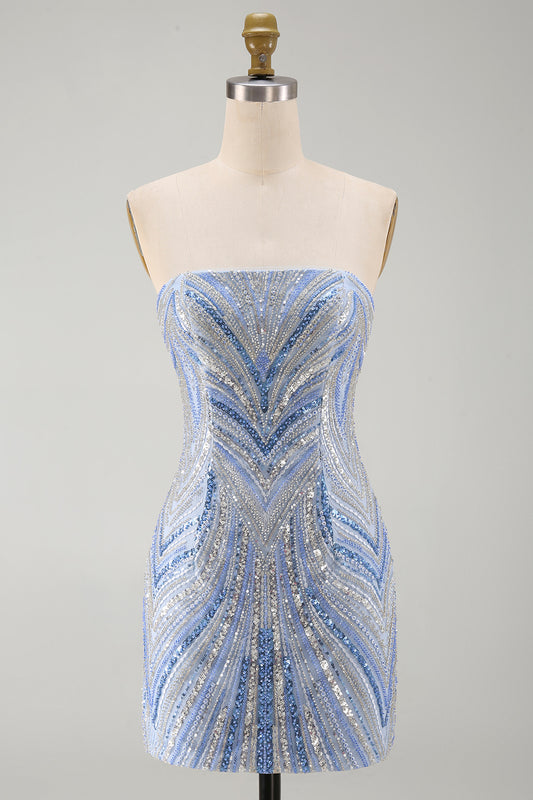 Blue Beaded Strapless Sequins Sparkly Tight Short Homecoming Dress