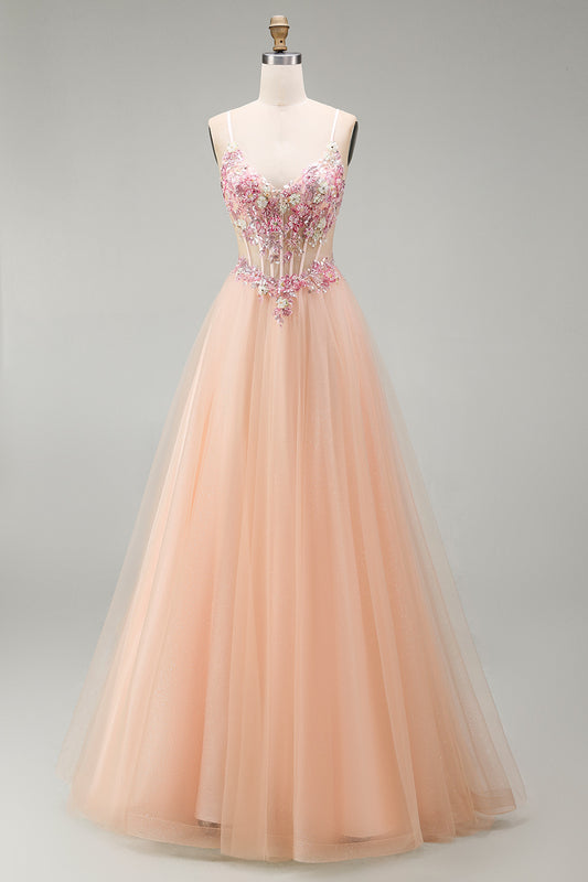 Champagne Floral Corset Beaded Tulle A Line Long Prom Dress