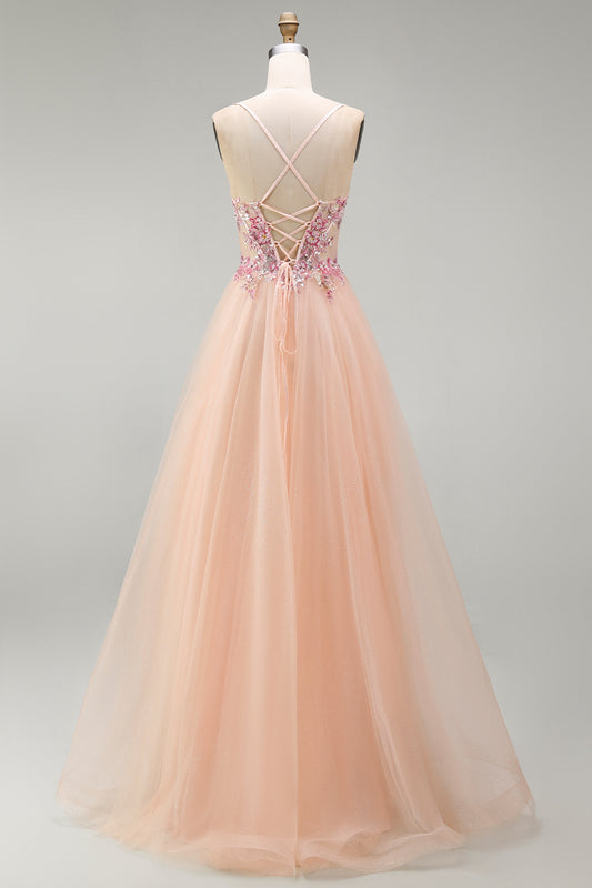 Champagne Floral Corset Beaded Tulle A Line Long Prom Dress