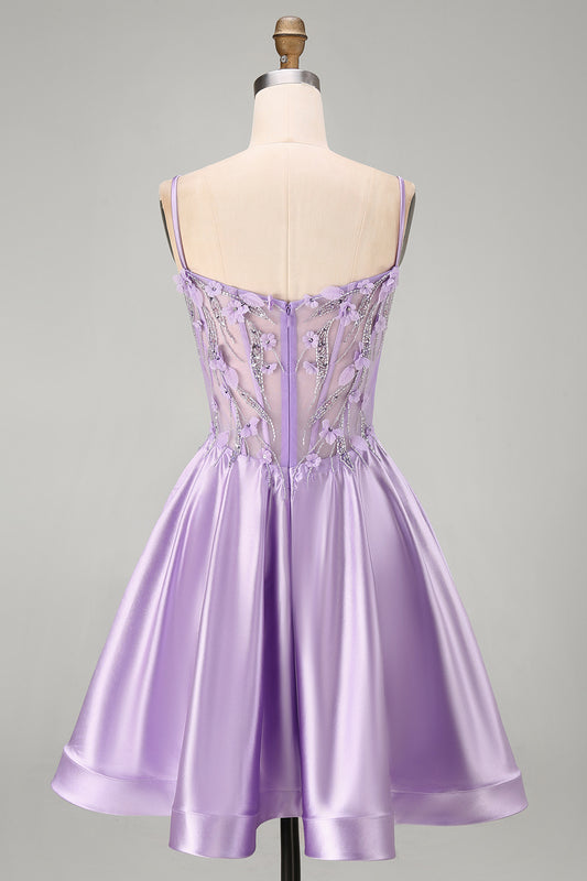Lilac A Line Beaded Short Corset Homecoming Dress with 3D Flowers