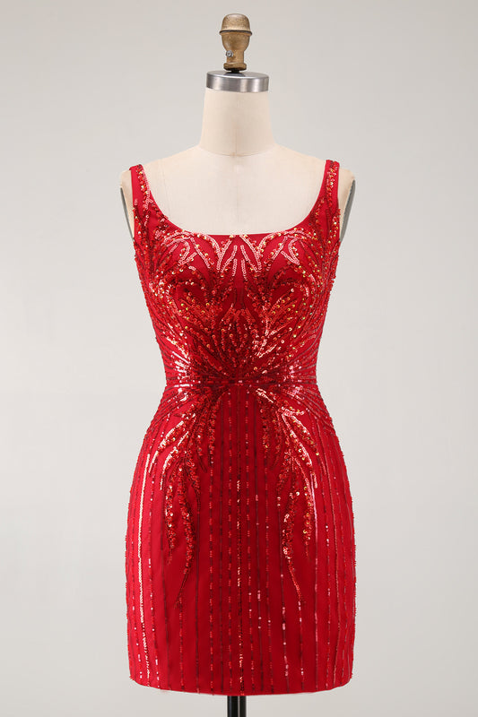 Burgundy Square Neck Sequins Sparkly Tight Short Homecoming Dress