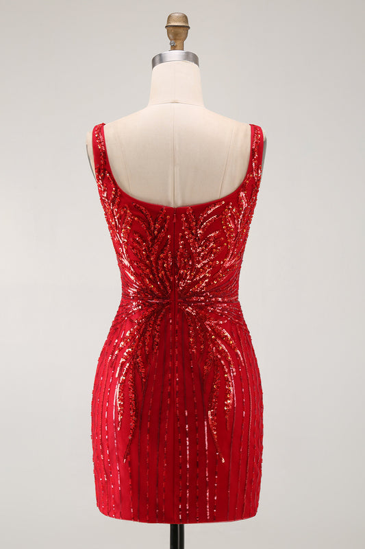 Burgundy Square Neck Sequins Sparkly Tight Short Homecoming Dress