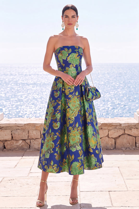 Navy Green Flower A Line Strapless Midi Wedding Guest Dress