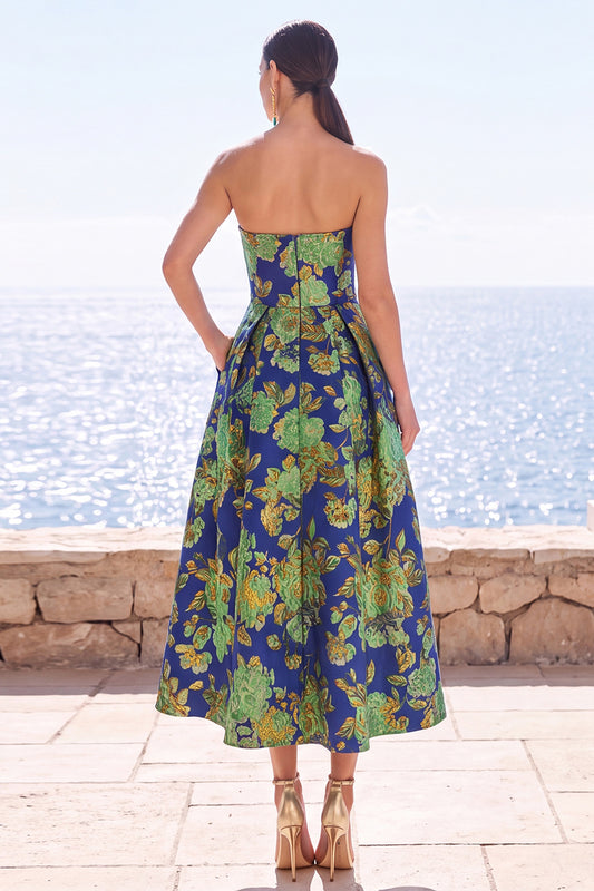 Navy Green Flower A Line Strapless Midi Wedding Guest Dress