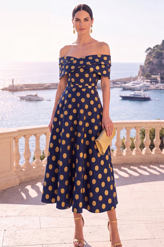 Gold Dot A Line Off the Shoulder Midi Wedding Guest Dress