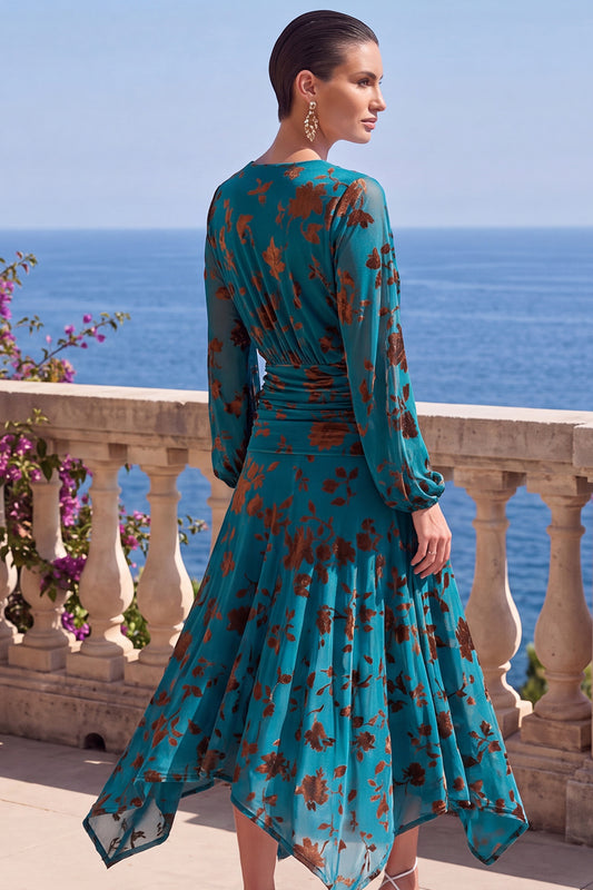 Floral Peacock Green Ruched Midi Wedding Guest Dress with Sleeves