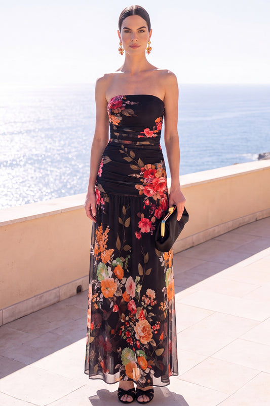 Black Floral Sheath Ruched Strapless Long Beach Wedding Guest Dress