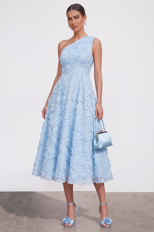 Blue Floral A Line One Shoulder Maxi Wedding Guest Dress