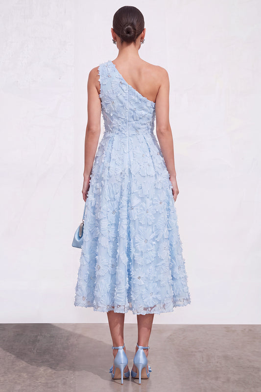 Blue Floral A Line One Shoulder Maxi Wedding Guest Dress