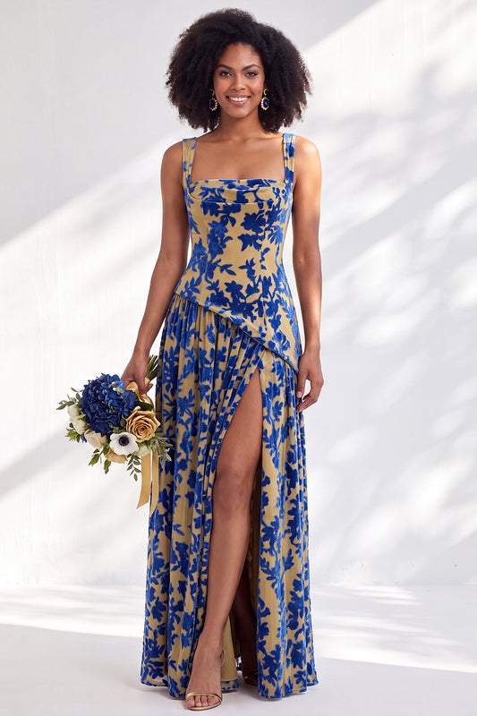 Olive Floral Square Neck Long Wedding Guest Dress with Slit
