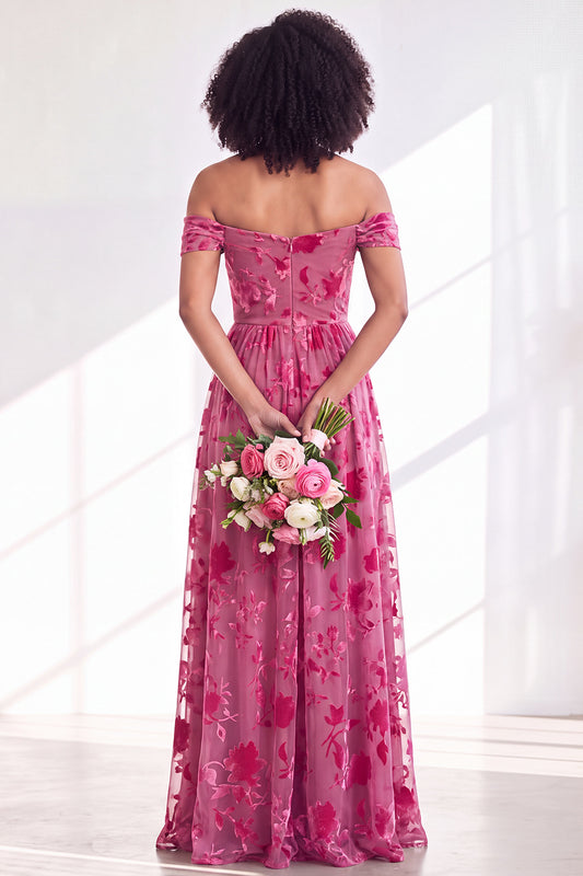 A-Line Fuchsia Floral Off the Shoulder Long Velvet Wedding Guest Dress