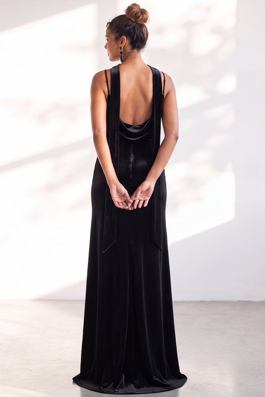 Black Mermaid Spaghetti Straps Velvet Long Wedding Guest Dress