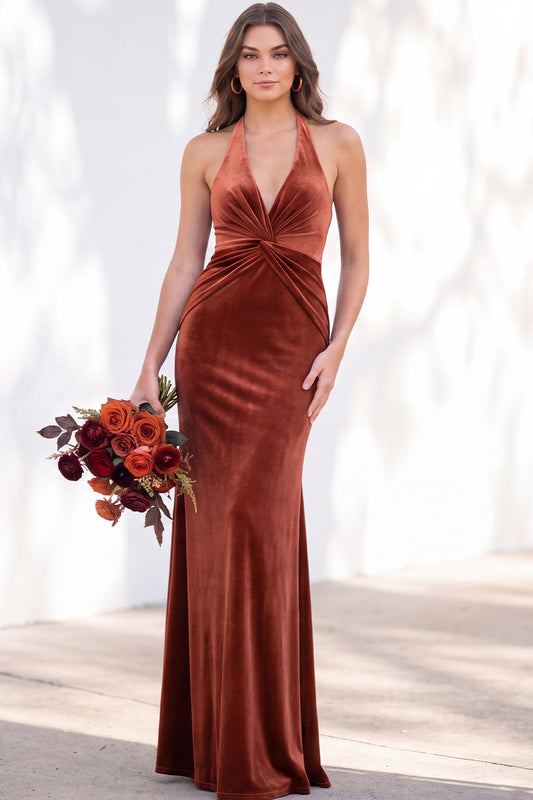 Terracotta Velvet Mermaid Halter Ruched Long Wedding Guest Dress