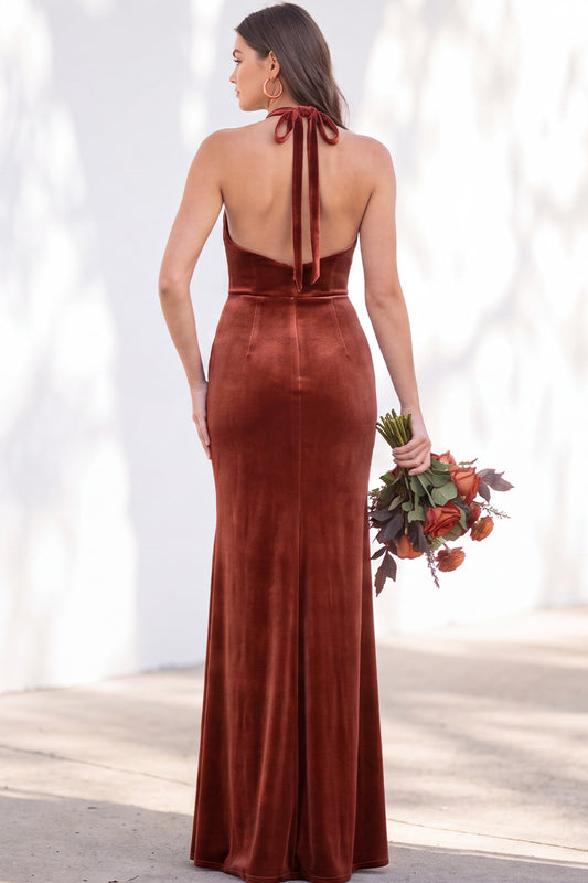 Terracotta Velvet Mermaid Halter Ruched Long Wedding Guest Dress