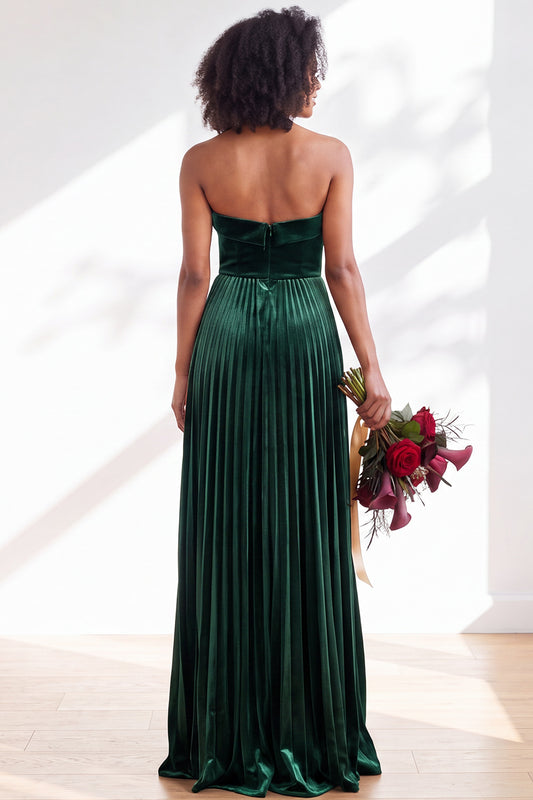 Dark Green Velvet Strapless Long Pleated Wedding Guest Dress