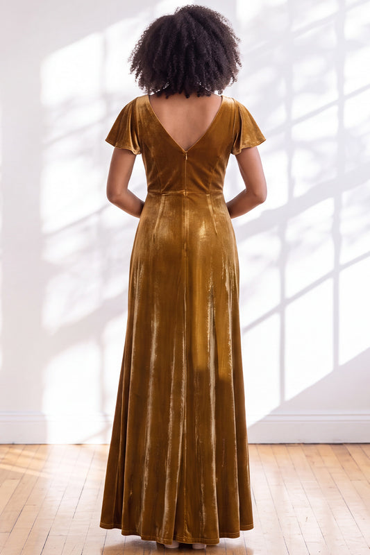 Golden Brown Sheath V-Neck Long Velvet Wedding Guest Dress with Sleeves