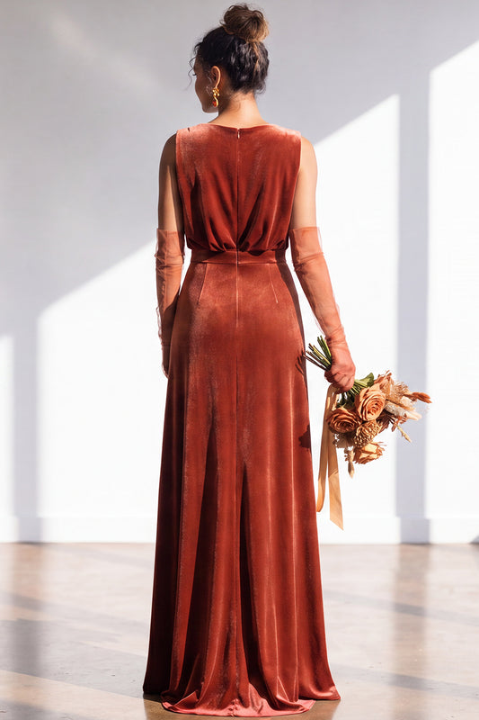 Terracotta Velvet Sheath V-Neck Long Wedding Guest Dress