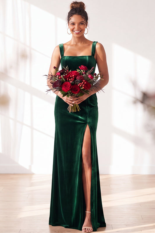 Dark Green Velvet Sheath Long Wedding Guest Dress with Slit