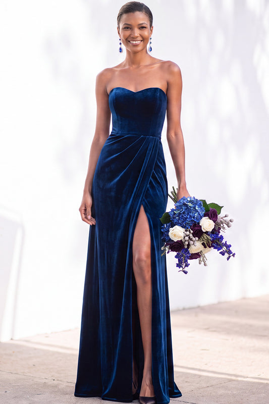 Sheath Navy Velvet Sweetheart Long Wedding Guest Dress with Slit