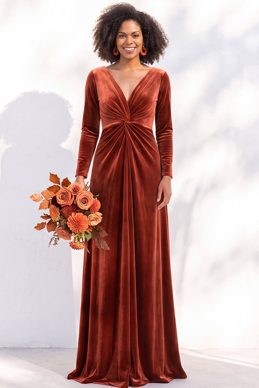 Terracotta Velvet Ruched Long Wedding Guest Dress with Sleeves