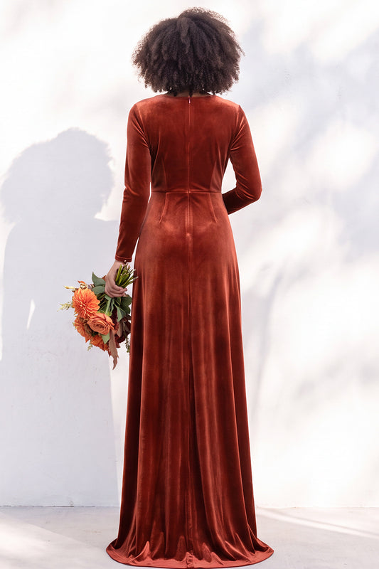Terracotta Velvet Ruched Long Wedding Guest Dress with Sleeves