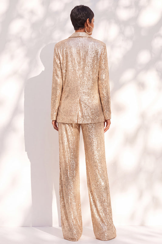 Sparkly Champagne Sequins Shawl Lapel 2 Piece Prom Suits