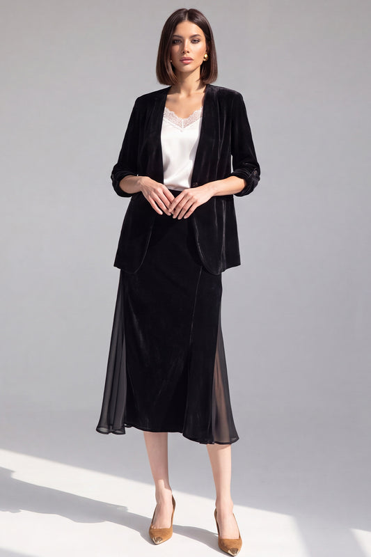 Black One Button Velvet Shawl Lapel 2 Piece Blazer Dress