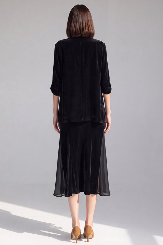 Black One Button Velvet Shawl Lapel 2 Piece Blazer Dress