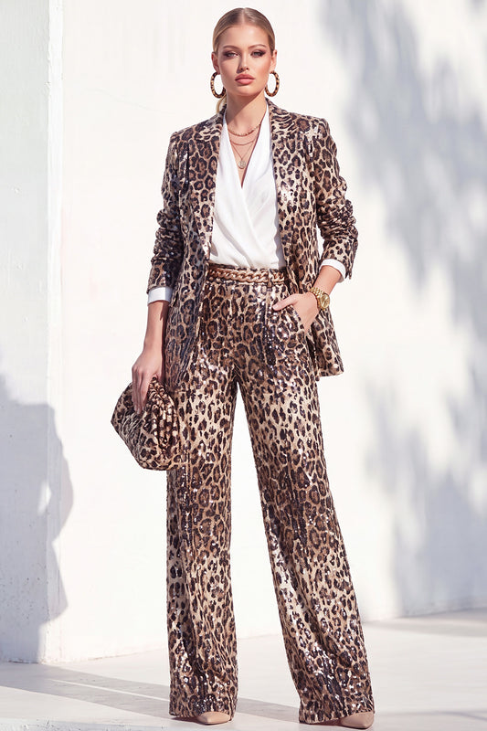Sparkly Coffee Cheetah Print Peak Lapel Sequin 2 Piece Women Suits