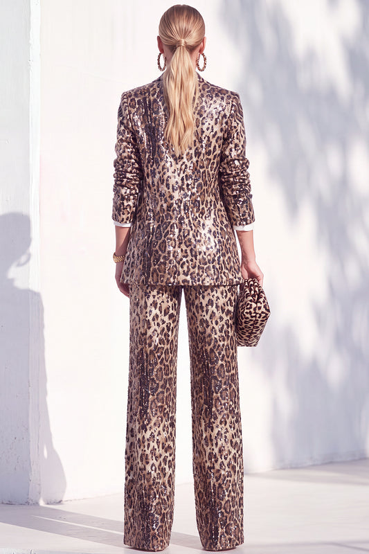Sparkly Coffee Cheetah Print Peak Lapel Sequin 2 Piece Women Suits