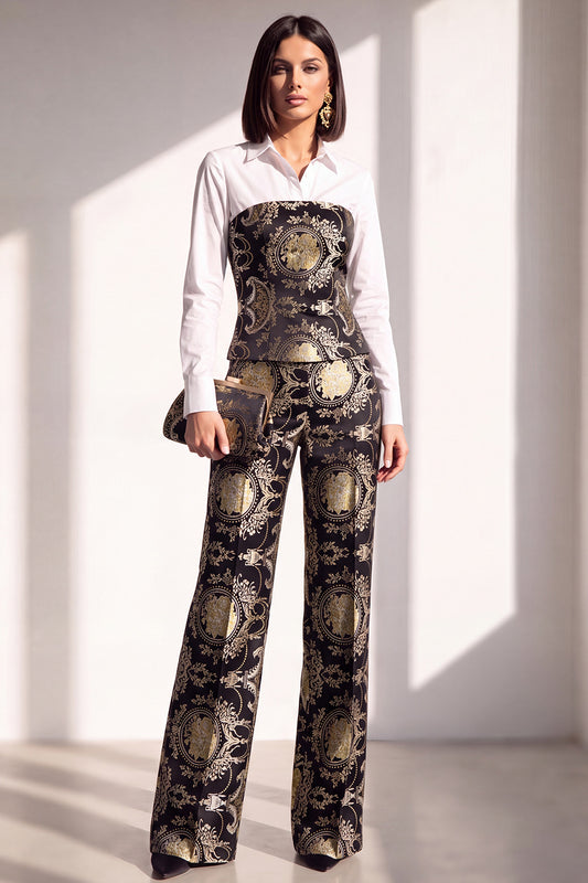 Black Golden Floral Lapel Slim Fit 2 Piece Work Suits
