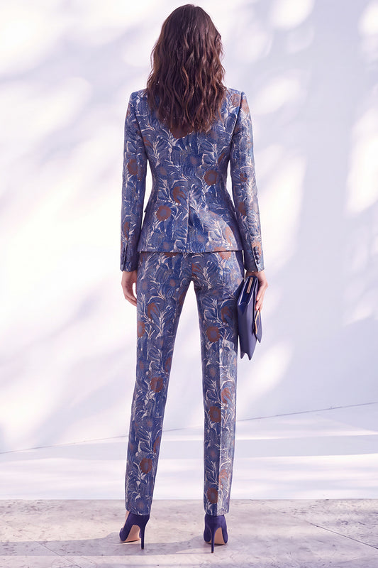 Dark Blue Floral Peak Lapel Slim Fit 2 Piece Wowen Suits