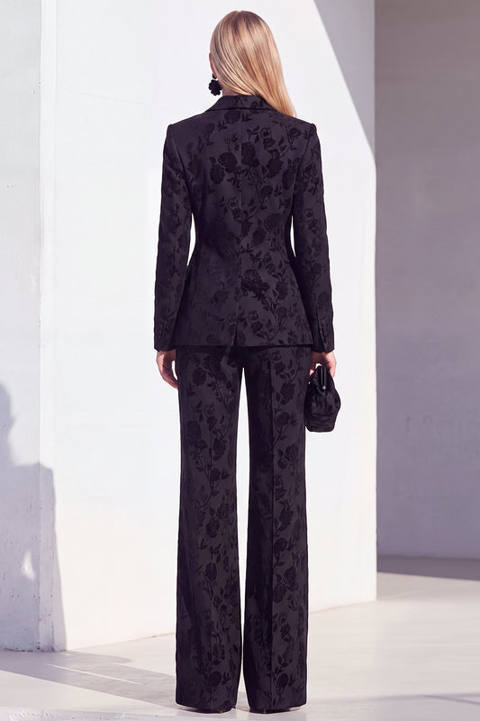 Floral Black Notchd Lapel Slim Fit 2 Piece Work Suits