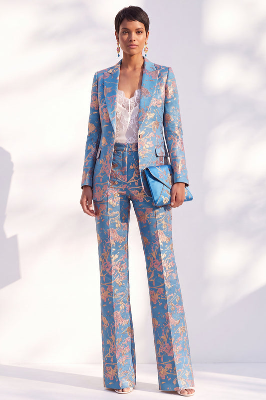 Peak Lapel Blue Floral Slim Fit 2 Piece Women Suit