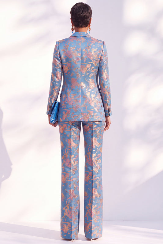 Peak Lapel Blue Floral Slim Fit 2 Piece Women Suit