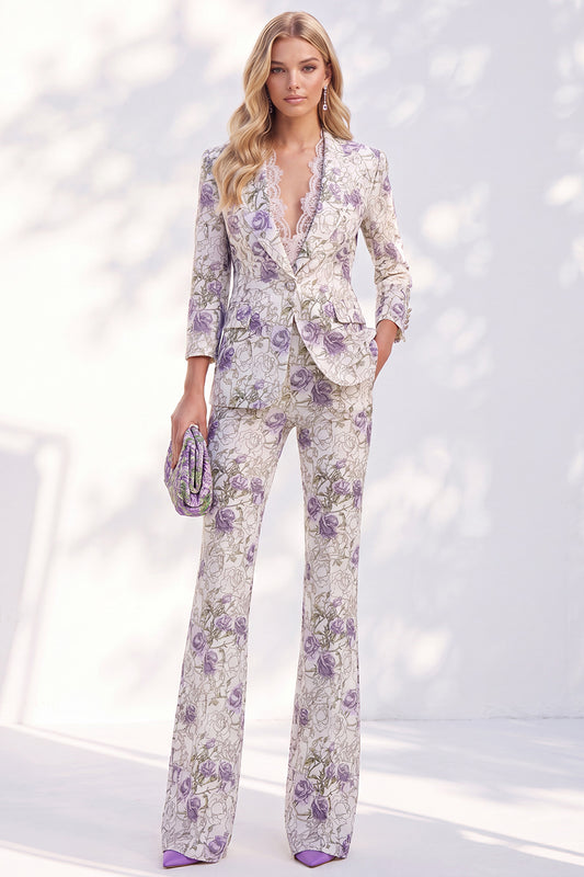 White Purple Flower 2 Piece Peak Lapel 3/4 Sleeves Women Suits