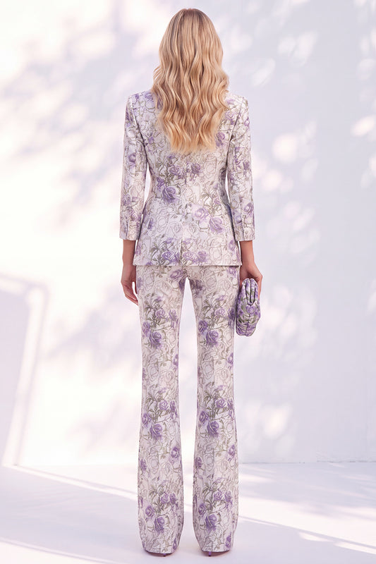 White Purple Flower 2 Piece Peak Lapel 3/4 Sleeves Women Suits