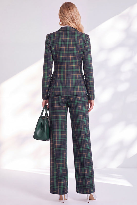 Double Breasted Green Grid Peak Lapel 2 Piece Work Suits with Pockets