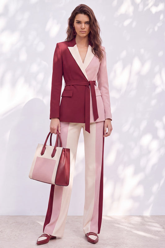 Patchwork Pink Burgundy Peak Lapel 2 Piece Work Suits with Sash