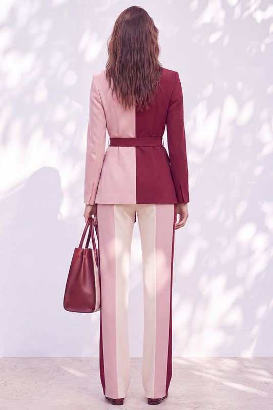 Patchwork Pink Burgundy Peak Lapel 2 Piece Work Suits with Sash