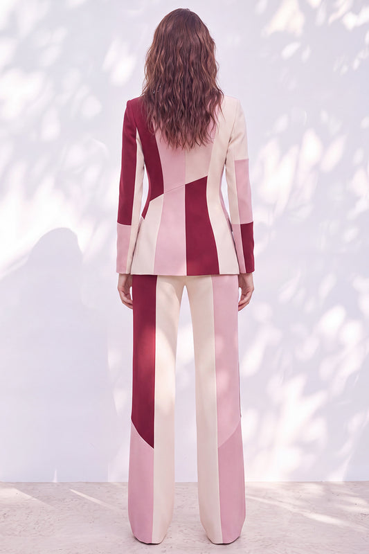 Pink Burgundy Patchwork Peak Lapel Slim Fit 2 Piece Work Suits