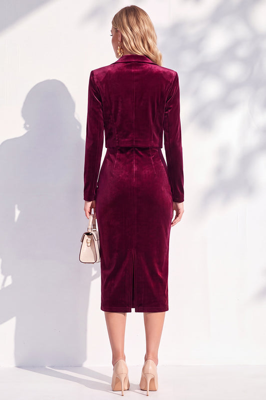 Velvet Burgundy Notched Lapel Single Breasted 2 Piece Blazer Dress