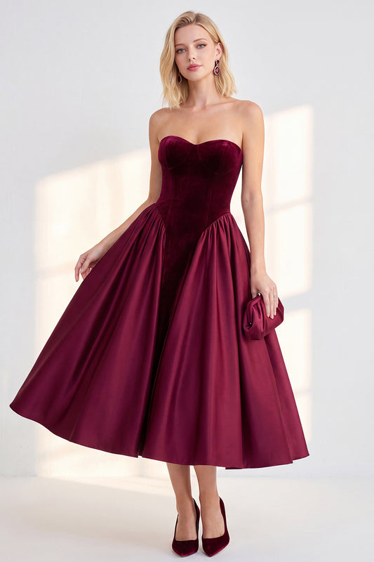 Burgundy Velvet A Line Sweetheart Midi Work Dress