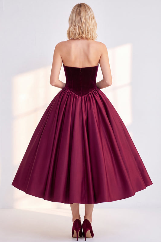 Burgundy Velvet A Line Sweetheart Midi Work Dress