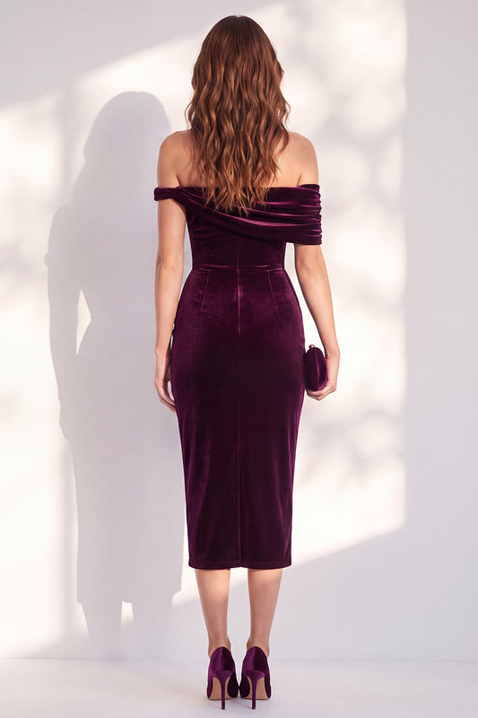 Off the Shoulder Burgundy Velvet Bodycon Midi Work Dress