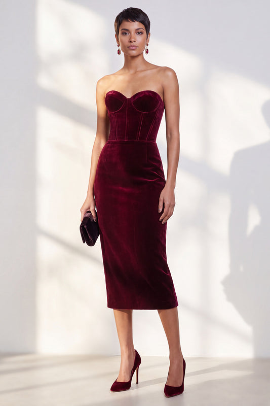 Burgundy Corset Sweetheart Velvet Bodycon Midi Work Dress