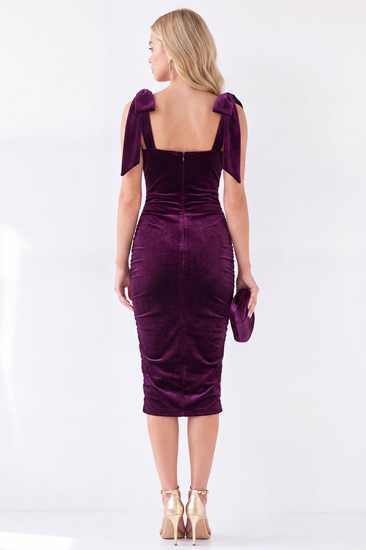 Square Neck Dark Purple Velvet Bodycon Midi Work Dress with Bows