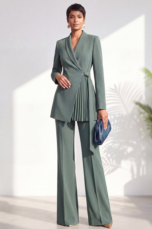 Shawl Lapel Dusty Green Pleated 2 Piece Work Suits with Sash