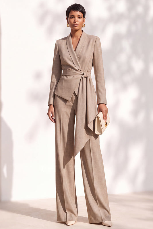 Khaki Shawl Lapel 2 Piece Work Suits with Sash