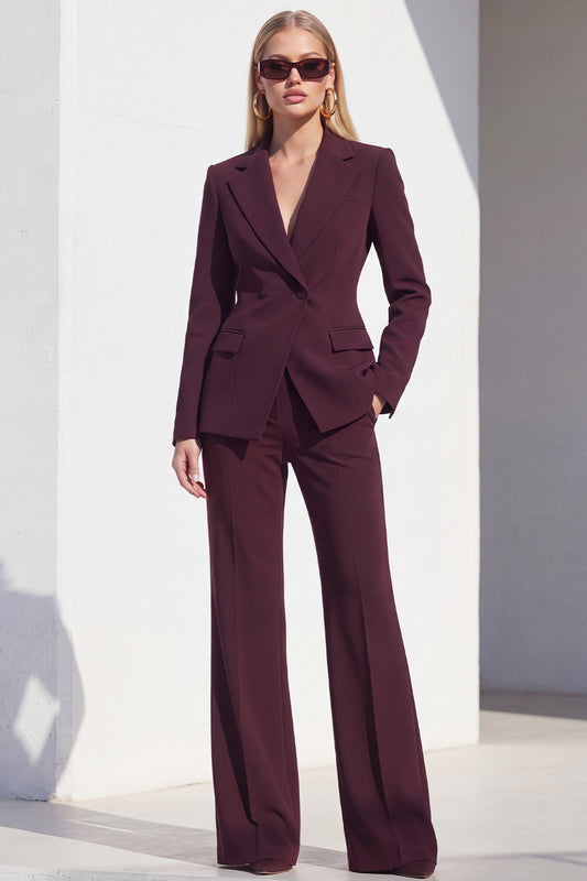 One Button Dark Burgundy Slim Fit Notched Lapel 2 Piece Work Suits